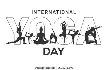 International Yoga Day background with vector silhouettes of women meditating and practicing yoga poses. Suitable for banner, poster, templates etc