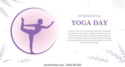 International yoga day banner, awareness campaign, human body posture, improve physical and mental health by exercise and meditation, copy space for text