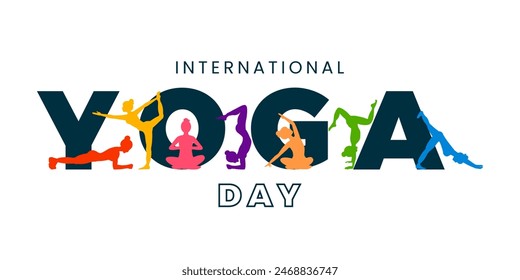 Día internacional del yoga. Anuncio con coloridas siluetas de mujeres haciendo asana y práctica de meditación para el Día Internacional del Yoga el 21 de junio