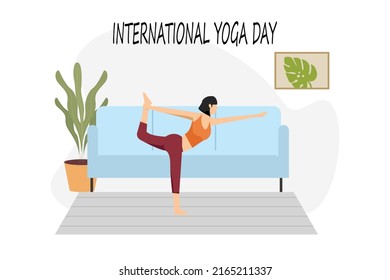 International Yoga Day Banner Concept with Girl Meditating and Doing Yoga Vector Illustration