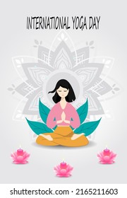 International Yoga Day Banner Concept with Girl Meditating and Doing Yoga Vector Illustration
