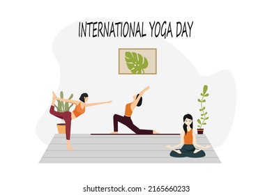 International Yoga Day Banner Concept with Girl Meditating and Doing Yoga Vector Illustration

