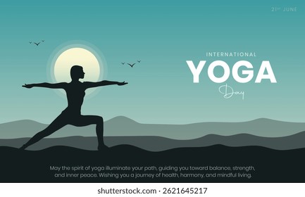 International Yoga Day Banner and Greeting Card Design. 21 June - Yoga Day Creative Background with Meditation Pose Silhouette Vector Illustration