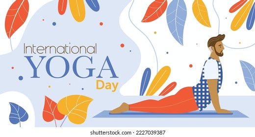 International yoga day banner with man practicing yoga. Dark-skinned male makes asana. Fitness and healthy lifestyle leaflet of flyer.