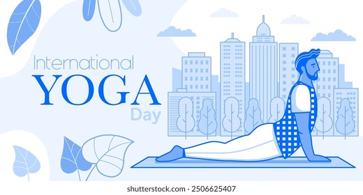 International yoga day banner with man practicing yoga. Dark-skinned male makes asana. Fitness and healthy lifestyle leaflet of flyer.