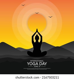 International yoga day banner or poster template design. Woman doing yoga pose, vector illustration.