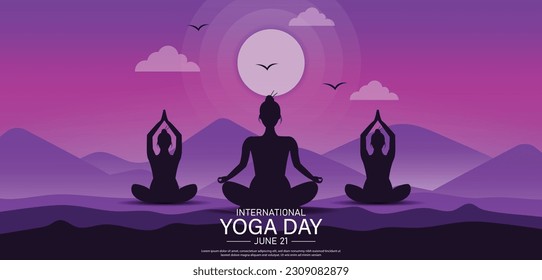 International yoga day banner or poster template design. Woman doing yoga pose, vector illustration.