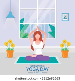 International yoga day banner or poster template design.Woman doing yoga pose, vector illustration.