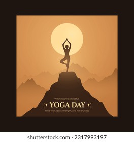 International Yoga Day Banner, poster, card, ad design. 21 June yoga day. Person doing yoga on the peak of mountain. Creative Vector Illustration.