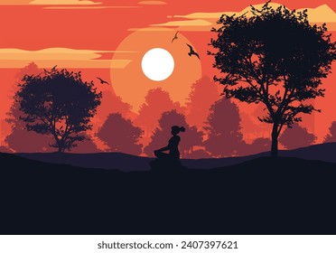 International Yoga Day Banner, poster, card, ad design. 21 June yoga day. Person doing yoga on the peak of mountain. Creative Vector Illustration.

