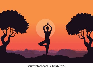 International Yoga Day Banner, poster, card, ad design. 21 June yoga day. Person doing yoga on the peak of mountain. Creative Vector Illustration.

