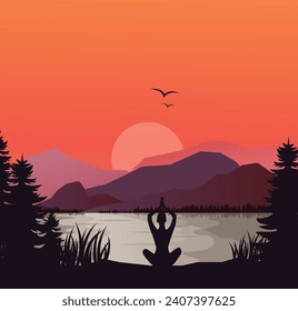 Banner, afiche, tarjeta y diseño del Día Internacional del Yoga. 21 de junio, día del yoga. Persona haciendo yoga en la cima de la montaña. Ilustración vectorial creativa.
