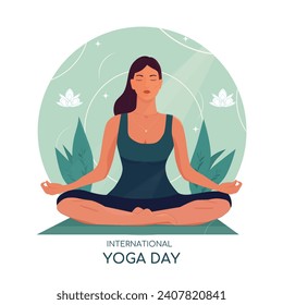 Día Internacional del Yoga. Cartel o afiche con una mujer bonita posando en loto.