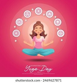 Anuncio internacional del día del yoga o diseño de la Plantilla del cartel. Mujer haciendo pose del yoga, Ilustración vectorial.