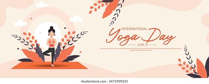 International yoga day banner or poster template design. Woman doing yoga pose, vector illustration.