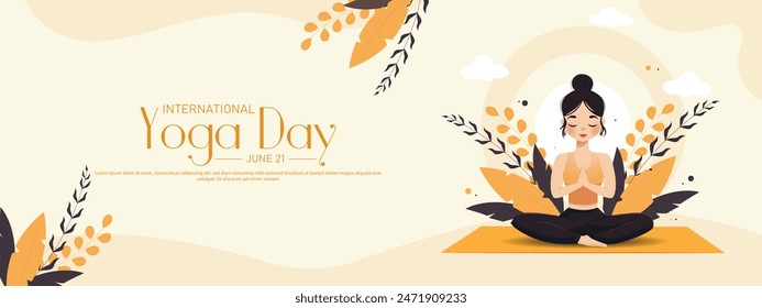 International yoga day banner or poster template design. Woman doing yoga pose, vector illustration.