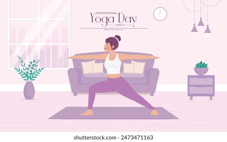 International yoga day banner or poster template design. Woman doing yoga pose, vector illustration.