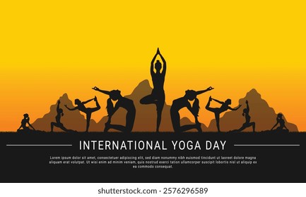 International Yoga Day banner or poster template: vector silhouettes of women meditating and practicing yoga poses at sunrise with mountain background