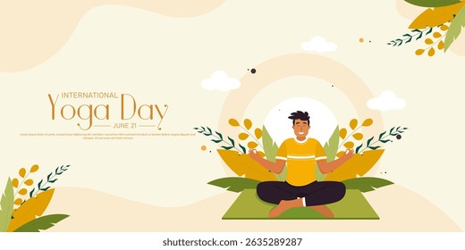 International yoga day banner or poster template design.Man doing yoga pose, vector illustration.