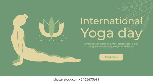 Día Internacional del Yoga Plantilla de Anuncio con una silueta de niña. Ilustración vectorial pastel