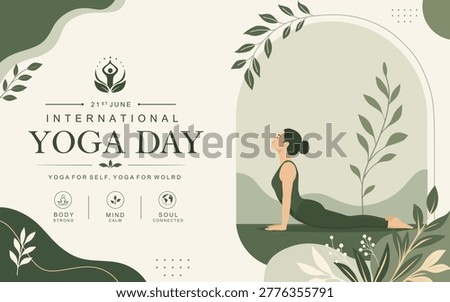 International Yoga Day banner template with woman practicing yoga cobra pose and floral nature background for wellness and meditation concept.