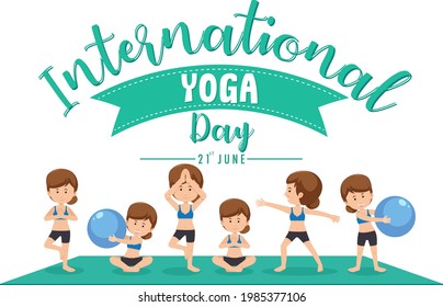 International Yoga Day banner with woman doing different yoga poses illustration
