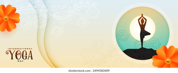 international yoga day banner woman in surya namaskar posture vector