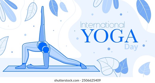 International yoga day banner with woman practicing yoga. Line art girl makes asana. Fitness and healthy lifestyle leaflet of flyer.