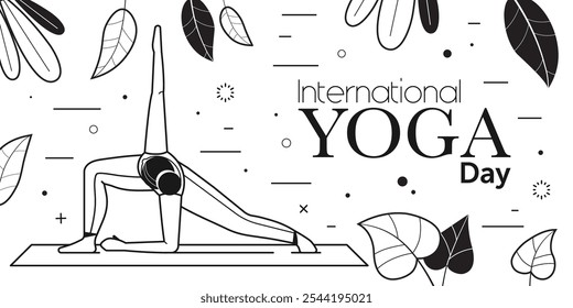 International yoga day banner with woman practicing yoga. Line art girl makes asana. Fitness and healthy lifestyle leaflet of flyer.