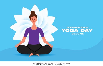 International Yoga Day banner. Women meditating in yoga lotus posture