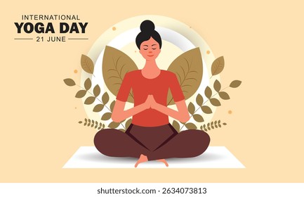 International Yoga Day. Beautiful girl doing yoga with leaves