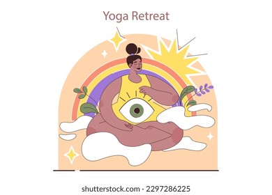 International yoga day. Black female character in a sportswear meditating. Yoga retreat, spiritual therapy. Mindfulness and relaxation practices, breathing exercise. Flat vector illustration