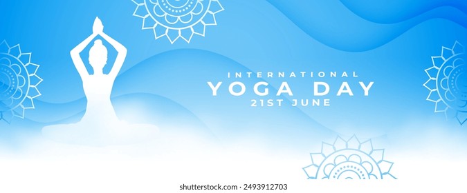 Internationaler Yoga Tag Blauer Banner mit Wolkeneffekt Vektorgrafik 