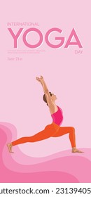 International Yoga Day. Yoga body pose, a group of women practicing yoga. Vector illustration for vertical greeting banner, fitness club web site, invitation to exercise and improve health.