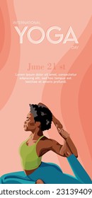 International Yoga Day. Yoga body pose, a group of women practicing yoga. Vector illustration for vertical greeting banner, fitness club web site, invitation to exercise and improve health.