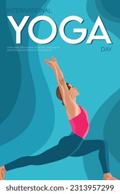 International Yoga Day. Yoga body pose, a group of women practicing yoga. Vector illustration, vertical greeting banner, fitness club web site, invitation to exercise and improve health.