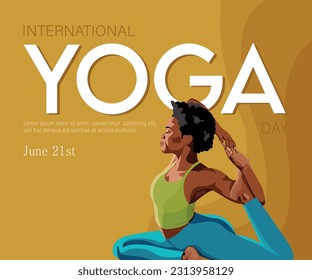 International Yoga Day. Yoga body pose, a group of women practicing yoga. Vector illustration for horizontal greeting banner, fitness club web site, invitation to exercise and improve health.