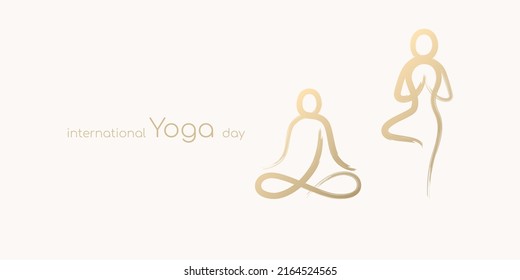 Día internacional del yoga, el cuerpo del yoga posa por pincel abstracto pinta oro aislado en fondo blanco. Diseño de ilustración vectorial para banner.