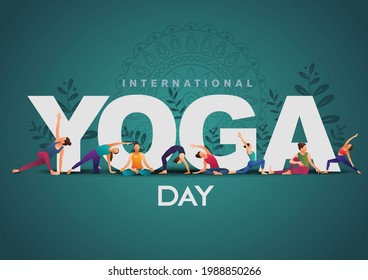 Día internacional del yoga. postura corporal de yoga. grupo de mujeres practicando yoga. diseño de ilustración vectorial