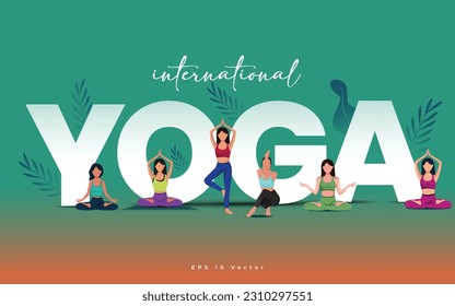 international yoga day. Yoga Body Posture with Text. Woman practicing yoga. vector illustration.