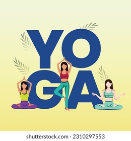 international yoga day. Yoga Body Posture with Text. Woman practicing yoga. vector illustration.