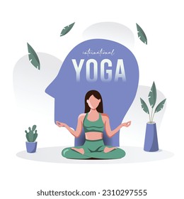 international yoga day. Yoga Body Posture with Text. Woman practicing yoga. vector illustration.