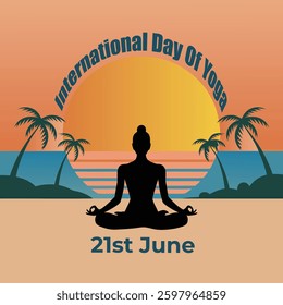 International Yoga Day,  yoga body posture,  woman meditating on beach Template vector Design