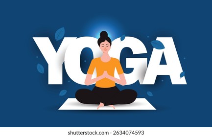 Dia internacional do ioga. postura do corpo do ioga. Ioga praticante da mulher em posição de lótus com tipografia