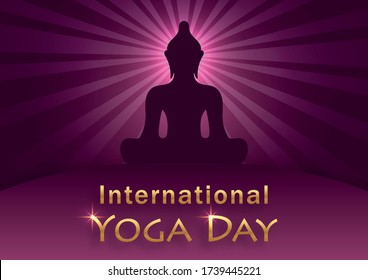 International Yoga Day card with bouddha symbols and spirituals elements with gold paper cut style on color background for greeting on this happy 21 of june 