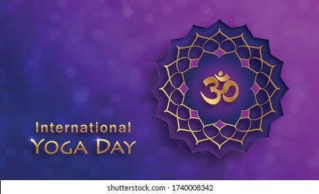 International Yoga Day card with bouddha symbols and spirituals elements with gold paper cut style on color background for greeting on this happy 21 of june 