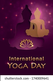 International Yoga Day card with bouddha symbols and spirituals elements with gold paper cut style on color background for greeting on this happy 21 of june 