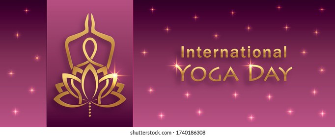 International Yoga Day card with bouddha symbols and spirituals elements with gold paper cut style on color background for greeting on this happy 21 of june 