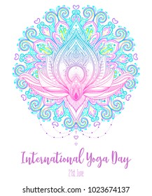 International Yoga Day. Yoga card design. Colorful template for spiritual retreat or yoga studio. Ornamental business cards, oriental pattern. Vector illustration