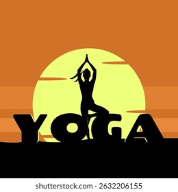 International Yoga Day to celebrate on June 21st. Illustration of a woman's silhouette doing yoga and bold text with a sunset background.